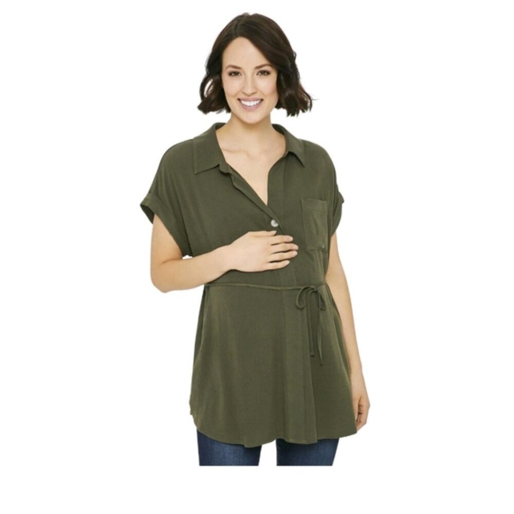 NWT Green Woven Button Up Shirt Maternity XL - Picture 2 of 7